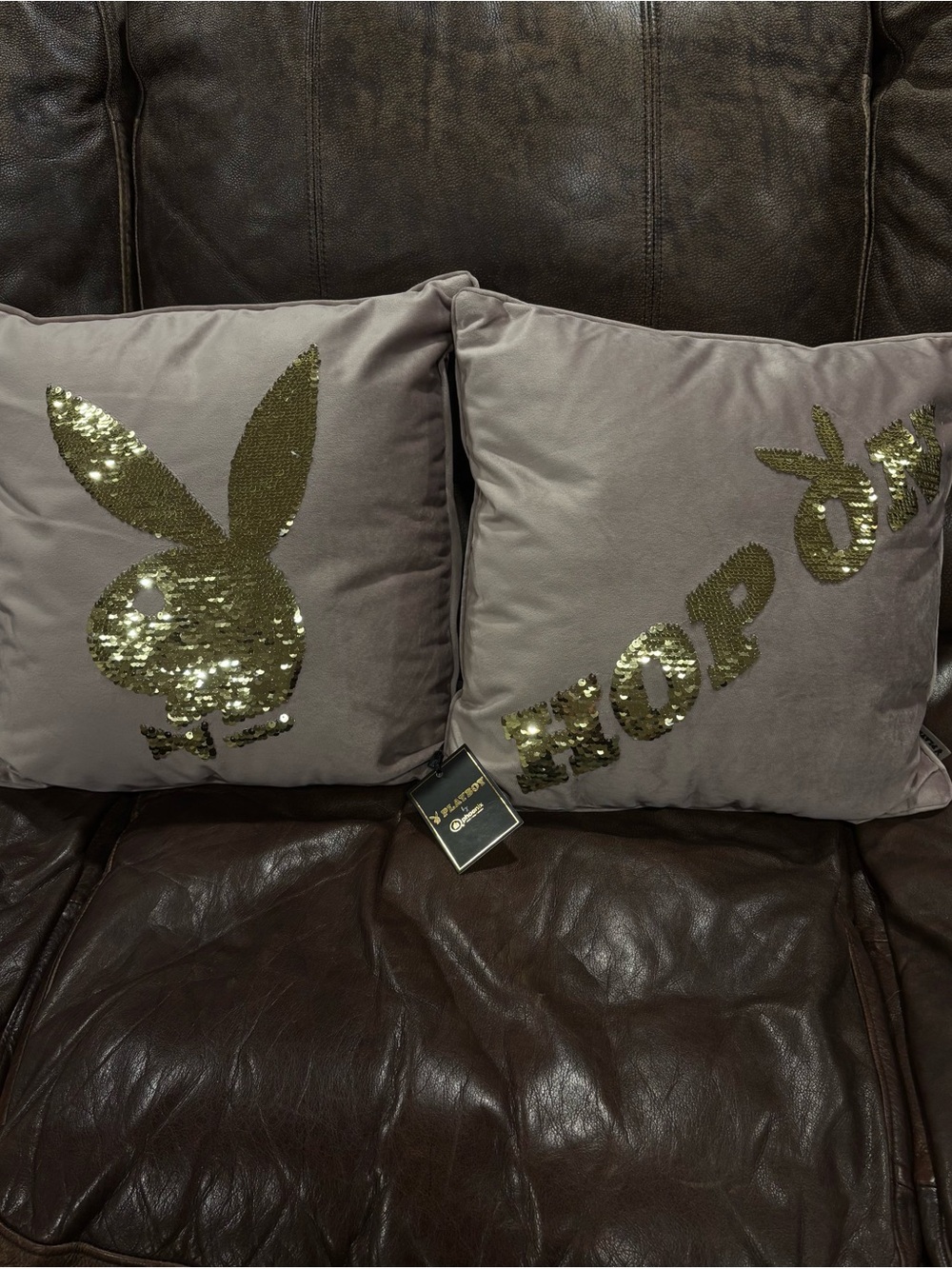 PLAYBOY NWT Mauve Pillow Pair with Gold Sequin Bunny Head and 'HOP ON’ Design